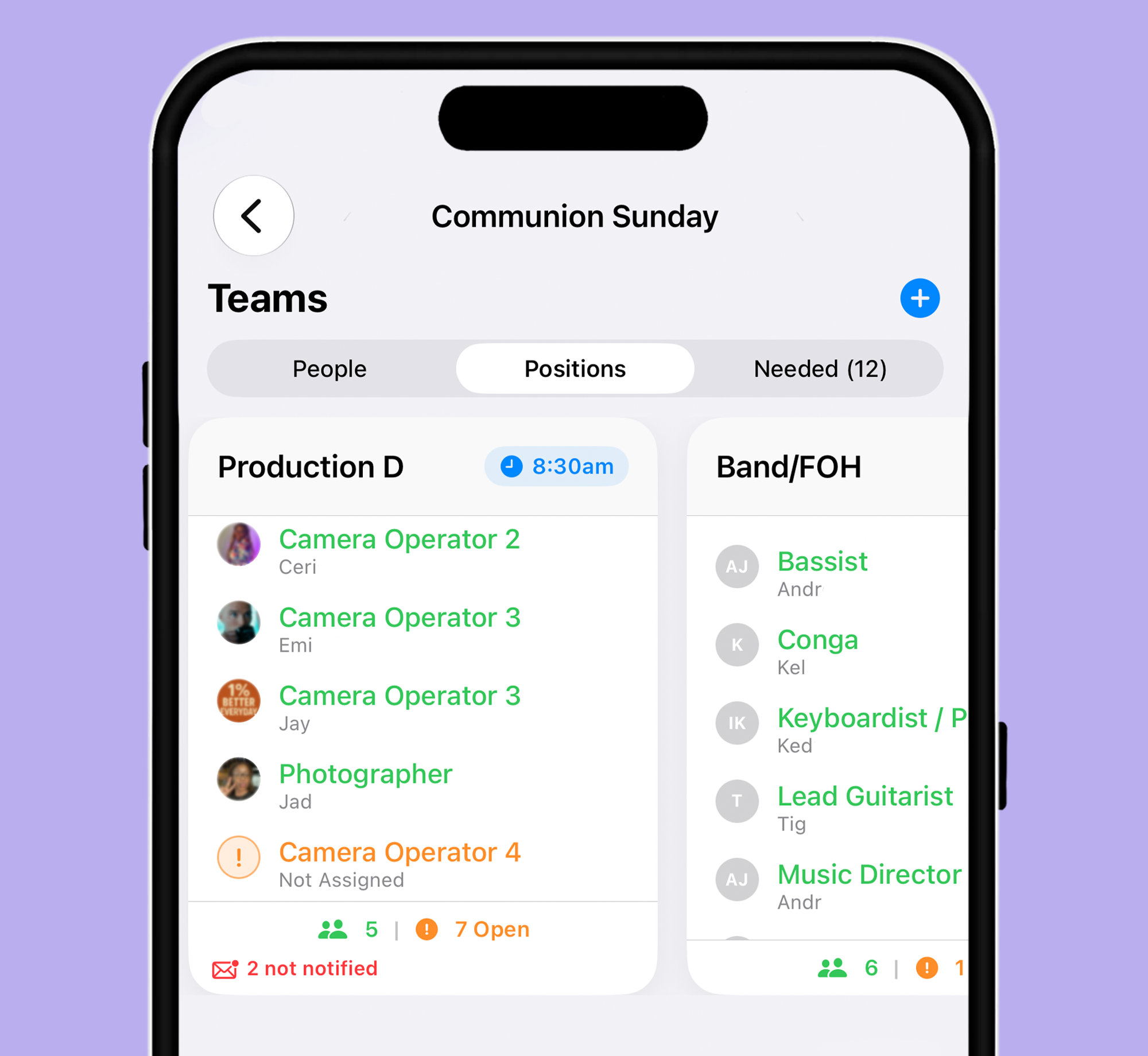 Team and position assignments for a service, showing filled roles alongside open and unnotified spots